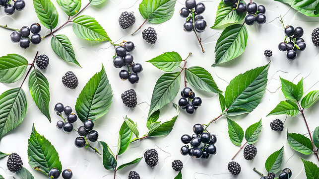 Creative mockup made of chokeberries with green leaves on white background. Flat lay, top view.
