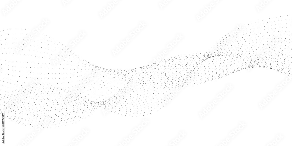 Poster flowing wave dot particles halftone pattern black gradient curve shape isolated on transparent backg