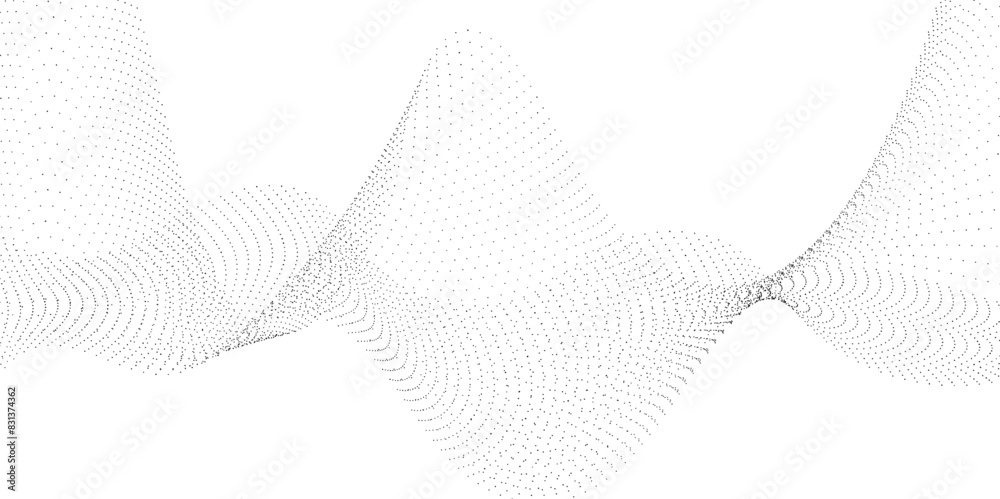 Poster Flowing wavy dots particles wave pattern curve halftone gradient lines shape isolated on transparent background. Digital future technology concept, science, banner, template, business, music. Vector