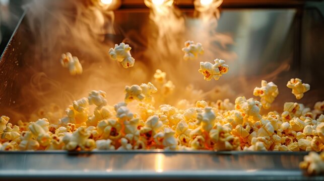 Hot popcorn being freshly popped in a movie theater concession stand, with steam rising and golden kernels in mid-air