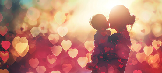 child and parent hugging, strong bond, loving relationship, family warmth, close up, focus on, copy space, Double exposure silhouette with hearts.