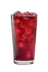 A glass of red drink with ice cubes in it. The drink is cold and refreshing. The glass is half full and the ice cubes are melting, creating a misty effect isolated transparent background