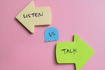 Concept of Listen vs Talk write on sticky notes isolated on Wooden Table.