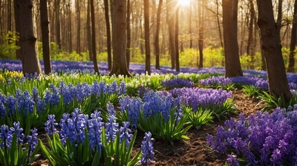Obraz premium Spring forest, purple and pink flowers in a beautiful forest