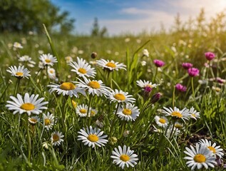 Spring meadow with flowers. Daisies close-up, sun rays - space for text