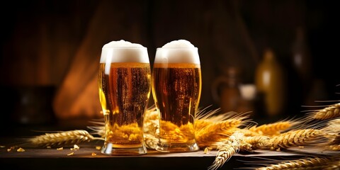 Celebrating International Beer Day with a cheers of beer at the table. Concept International Beer Day, Beer Tasting, Beer Brands, Beer Pint Glasses, Cheers Gesture