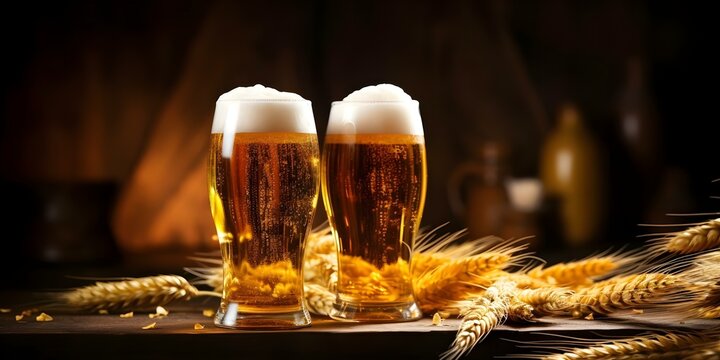 Celebrating International Beer Day with a cheers of beer at the table. Concept International Beer Day, Beer Tasting, Beer Brands, Beer Pint Glasses, Cheers Gesture