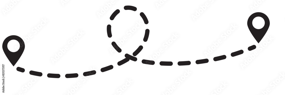 Wall mural route icon - two points with dotted path and location pin. route location icon two pin sign and dott