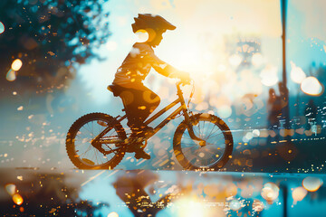 childhood memory of first bike ride, wobbly wheels, excited smile, milestone moment, close up, focus on, copy space, Double exposure silhouette with bicycle.