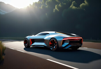 Naklejka premium concept of a futuristic car of the future on a night city street, modern electric car,