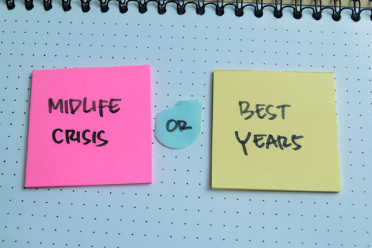 Concept of midlife Crisis or Best Years write on sticky notes isolated on Wooden Table.
