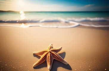 One sea-star lies on the tropical beach in sand, copyspace for text. Concept of summer relaxation
