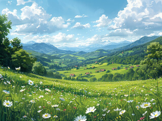 Paysage d'une superbe prairie de montagne à l'herbe verte sous un soleil clair et un ciel bleu, fermes et village au loin, illustration
