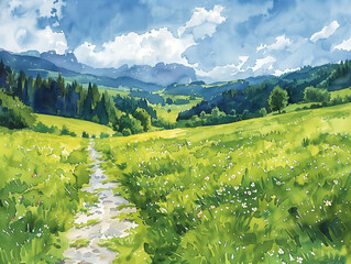 Un chemin au milieu d'un superbe prairie de montagne à l'herbe verte sous un soleil clair et un ciel bleu, paysage montagnard, illustration à l'aquarelle