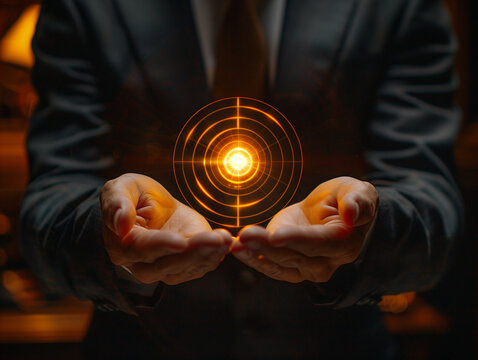 Un homme en costume tenant un hologramme de cible pour tir &agrave; l'arc, repr&eacute;sentant ses objectifs business et commerciaux, entrepreneur, manageur ou dirigeant d'entreprise focus sur le travail