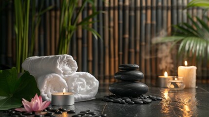 A serene spa setting with lit candles, rolled towels, pebbles, and a lotus flower creating a calming ambiance