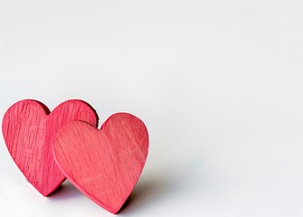 Fototapeta premium Two Pink Wooden Hearts on White Background for Valentine's Day