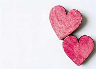 Fototapeta premium Two Pink Wooden Hearts on White Background
