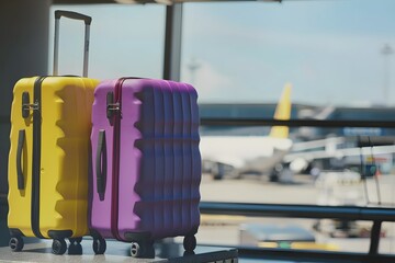 Two Colorful Suitcases at Airport with Blurred Airplane