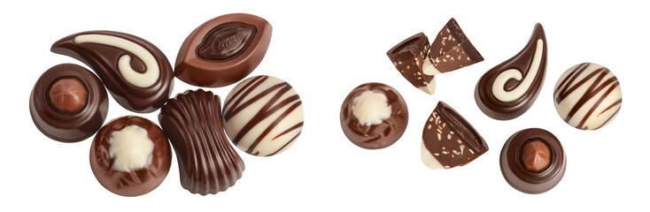 Chocolate candy isolated on white background with full depth of field. Top view. Flat lay.