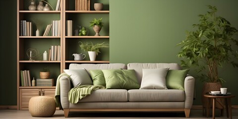 Living room wooden bookcase with white and green accents next to a cozy sofa. Concept Home Decor, Living Room Design, Wooden Furniture, Green Accents, Cozy Interior