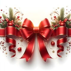 Isolated on a white background, a glossy red ribbon, red ribbon and bow with gold led on a white background, Christma fir branches, gift boxes with red ribbon, red decoration, sparkles and confetti on