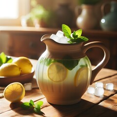 Co vintage kitchen scene jars of, honey, grapes, wooden table sunflowers, A sunlit teapot filled with vibrant flowers sits atop a table, adding a touch of nature to the still life of the indoor scene