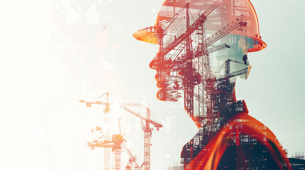 construction worker wearing a hard hat and safety vest, secure job site, industrial protection, occupational safety, close up, focus on, copy space, Double exposure silhouette with