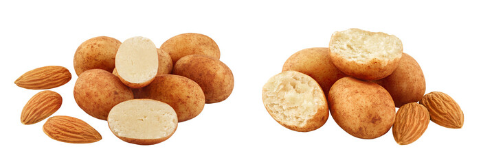 Marzipan balls or potatoes with almond isolated on white background full depth of field