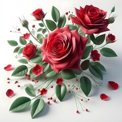 Red rose flower, Naturе object for design to Valentines Day, beautiful romantic red roses flowers on white background