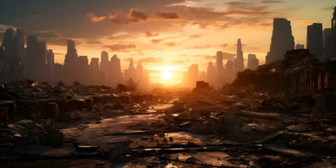 Fototapeta premium Apocalyptic Sunset: Ruined Cityscape in a Post-Apocalyptic Landscape. Concept Apocalyptic Setting, Sunset Photography, Ruined Cityscape, Post-Apocalyptic Theme, Landscape Photography