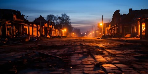 Naklejka premium Twilight aftermath of disaster in ruined town with fire and flames. Concept Disaster Photography, Ruined Town, Fire and Flames, Twilight Atmosphere, Aftermath Scenes