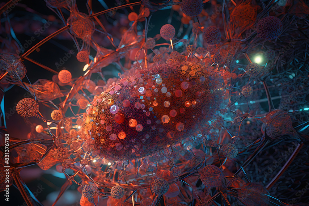 Poster abstract scientific concept with connected cells and particles. science microscopic background.