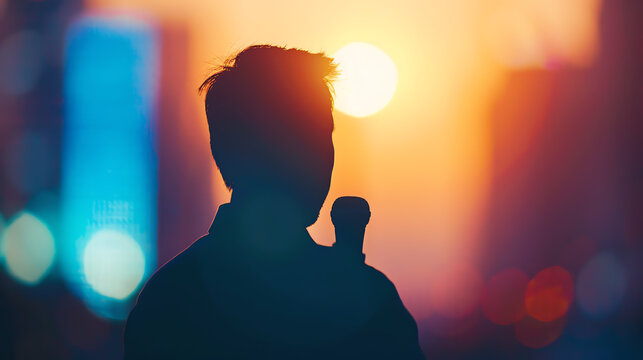 live news broadcast, reporter on location, breaking story, journalistic integrity, close up, focus on, copy space, Double exposure silhouette with microphone.