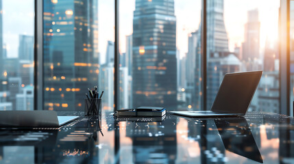 modern office desk with laptop, workspace setup, productivity tools, professional environment, close up, focus on, copy space, Double exposure silhouette with skyscrapers.