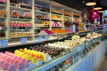 Luxurious pastry shop interior showcasing a variety of colorful, artisanal desserts and sweets