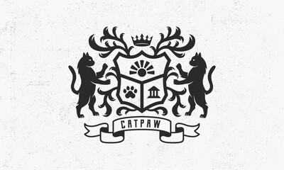 Cat Heraldic logo. Heraldic crest template logo with standing Cats . Modern design poster. Label, badge, emblem for Coat of Arms, Vintage Crest, Luxury logo. Vector illustration