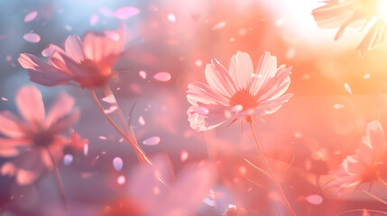 peaceful garden scene, blooming flowers, gentle breeze, harmonious nature, close up, focus on, copy space, Double exposure silhouette with petals.
