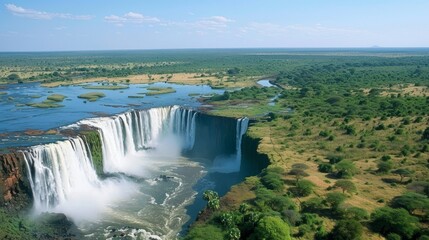 Fototapeta premium majestic waterfalls, where cascading torrents of water plunge into mist-shrouded pools below with awe-inspiring force