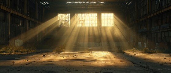 In an abandoned warehouse, shafts of sunlight pierce through broken windows, illuminating the vast emptiness and echoing the potential for creation within its walls.