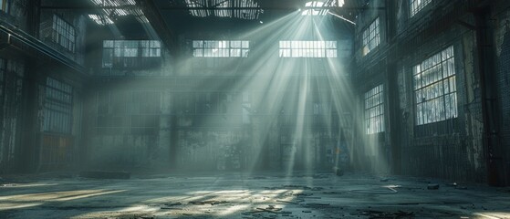 In an abandoned warehouse, shafts of sunlight pierce through broken windows, illuminating the vast emptiness and echoing the potential for creation within its walls.