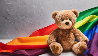 teddy bear on white background with lgbt flag