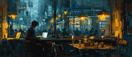 In a dimly lit cafe, a lone writer finds solace in the empty spaces between the clatter of keyboards and the soft hum of conversation.