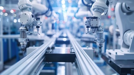 High-tech assembly line with robotic arms, assembling automotive parts, clean and modern factory environment, feeling of advanced technology and precision, photography, wide-angle shot - Powered by Adobe