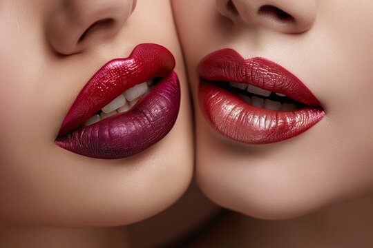 Macro shot capturing the sensual detail of two women's lips adorned in deep red lipstick