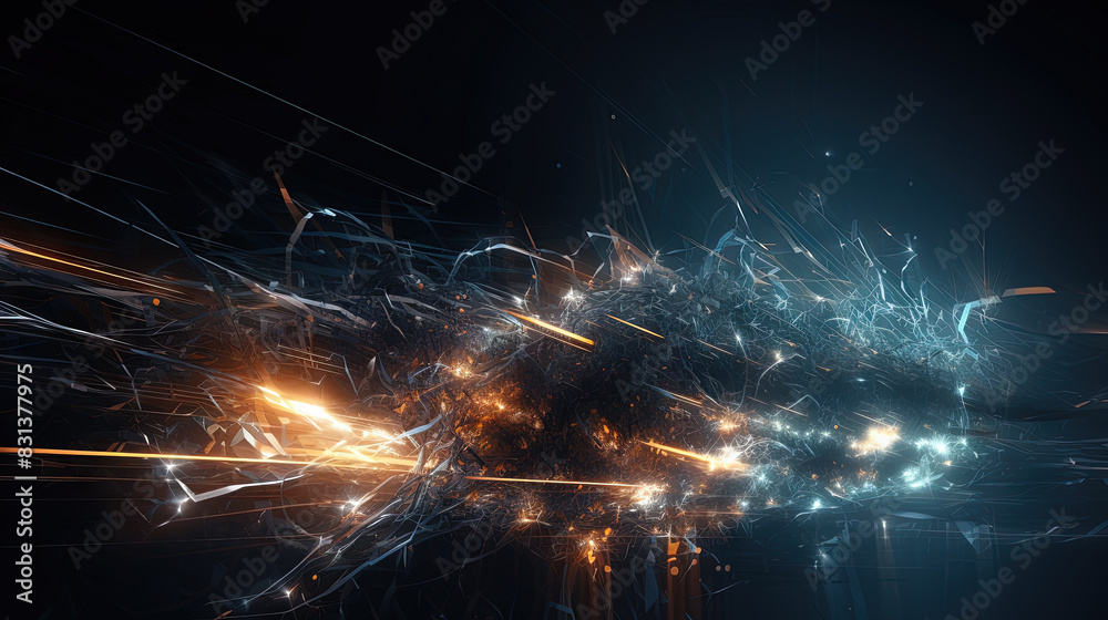 Poster Abstract technology burst with glowing wires and particles in motion. Technology and science dynamic background.