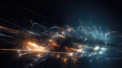 Abstract technology burst with glowing wires and particles in motion. Technology and science dynamic background.