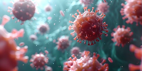 Harnessing the Body's Immune System: A Microscopic View of Floating Viruses and Immunotherapy in Fighting Diseases like Cancer. Concept Immunotherapy, Cancer Research, Virus Analysis