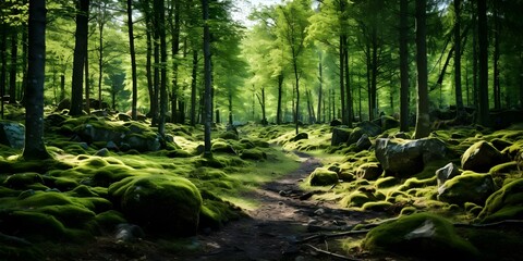 Obraz premium Lush Scandinavian forest with abundant trees and vibrant green mosscovered ground. Concept Nature Photography, Scandinavian Forest, Moss-Covered Ground, Abundant Trees, Vibrant Green