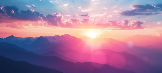 vibrant sunset over mountains, dramatic sky, peaceful landscape, natures beauty, close up, focus on, copy space, Double exposure silhouette with peaks.